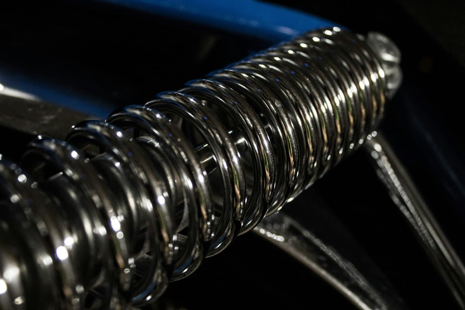 Close-up of a car's coil spring and shock absorber